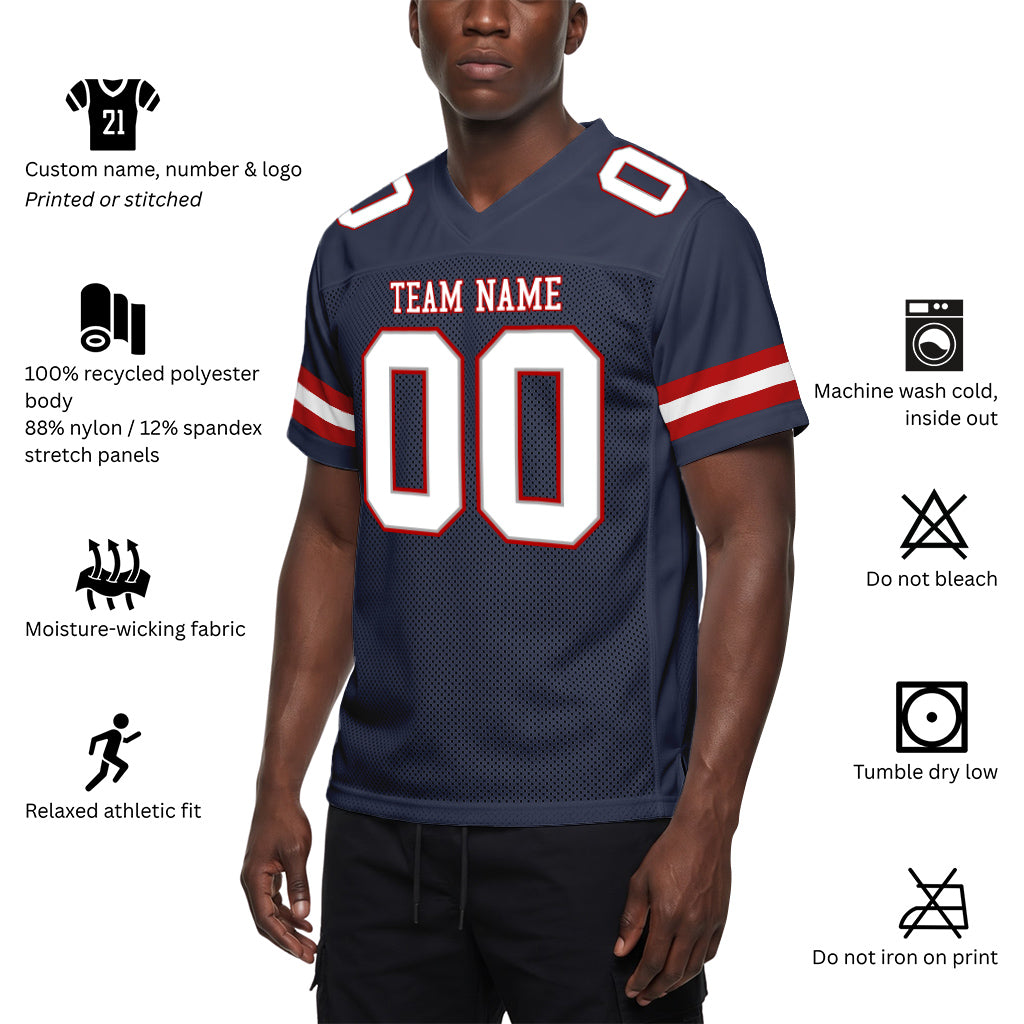 Custom Navy White-Red Mesh Football Jersey