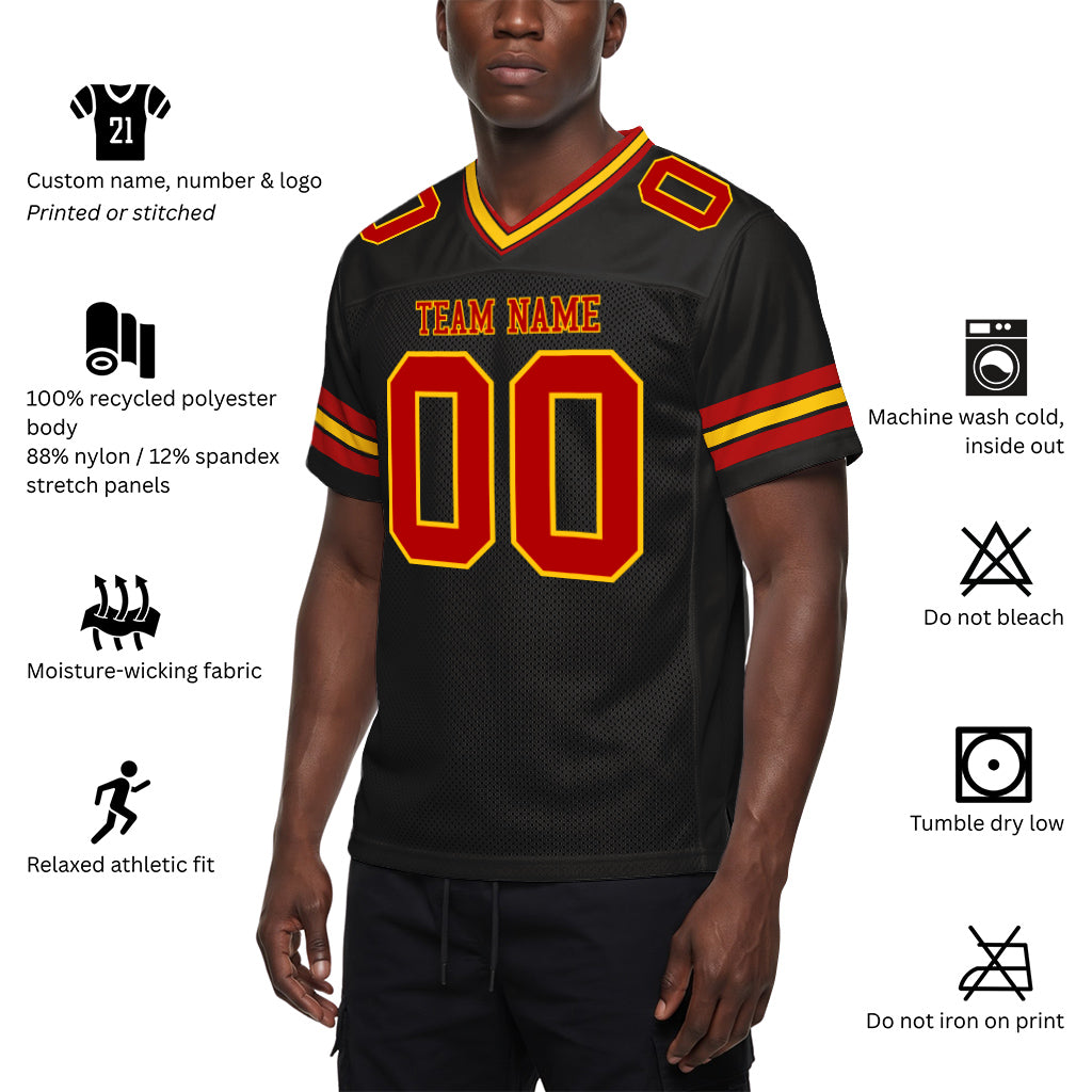 Custom Black Red-Gold Mesh Football Jersey