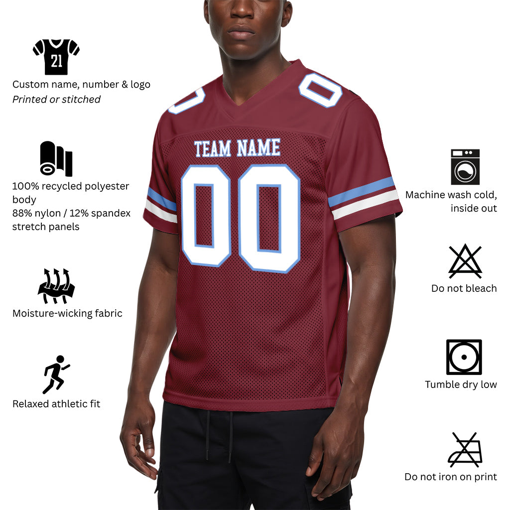Custom Burgundy White-Light Blue Mesh Football Jersey
