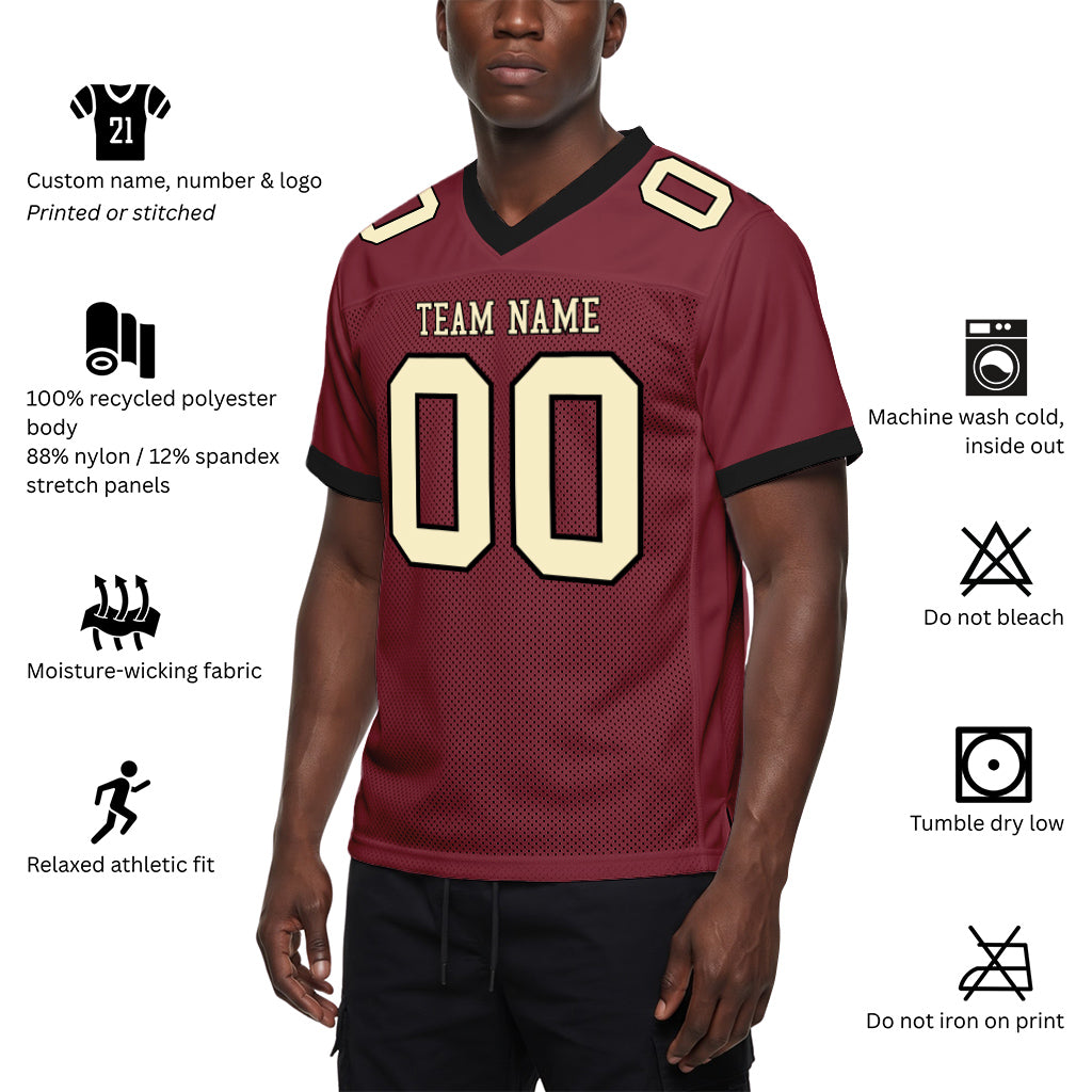 Custom Burgundy Cream-Black Mesh Football Jersey