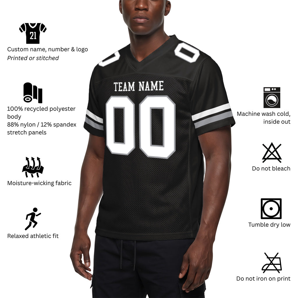 Custom Black White-Silver Custom Name Mesh Football Jersey