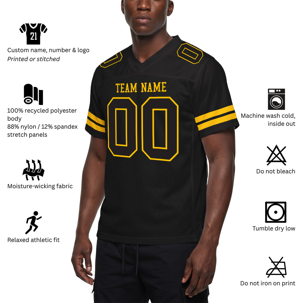 Custom Black Black-Gold Mesh Football Jersey