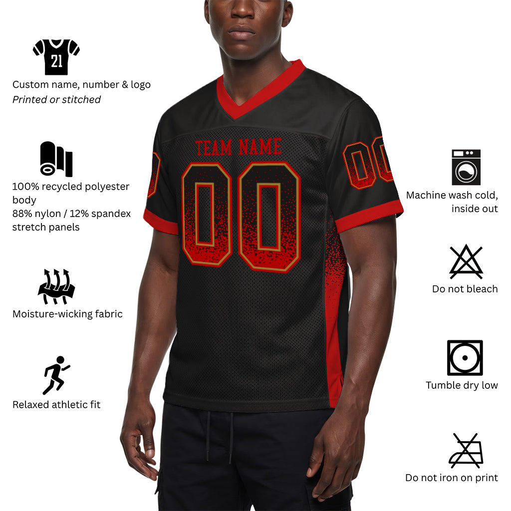 Custom Black Red-Old Gold Drift Fashion Custom Name Mesh Football Jersey