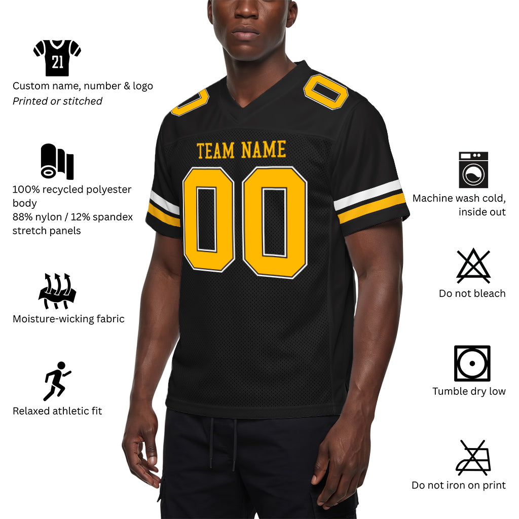 Custom Black Gold-White Mesh Football Jersey