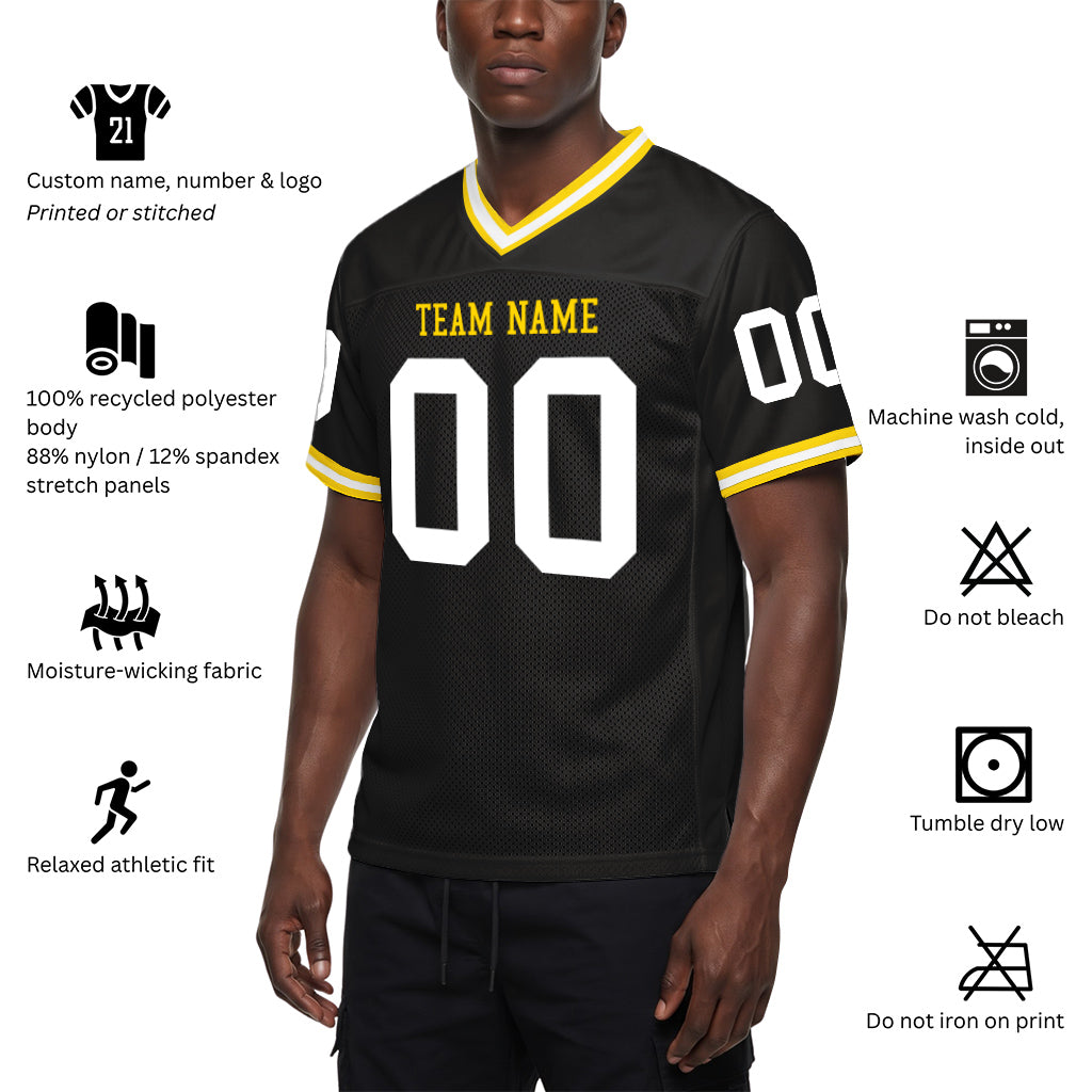 Custom Black White-Gold Mesh Throwback Mesh Football Jersey