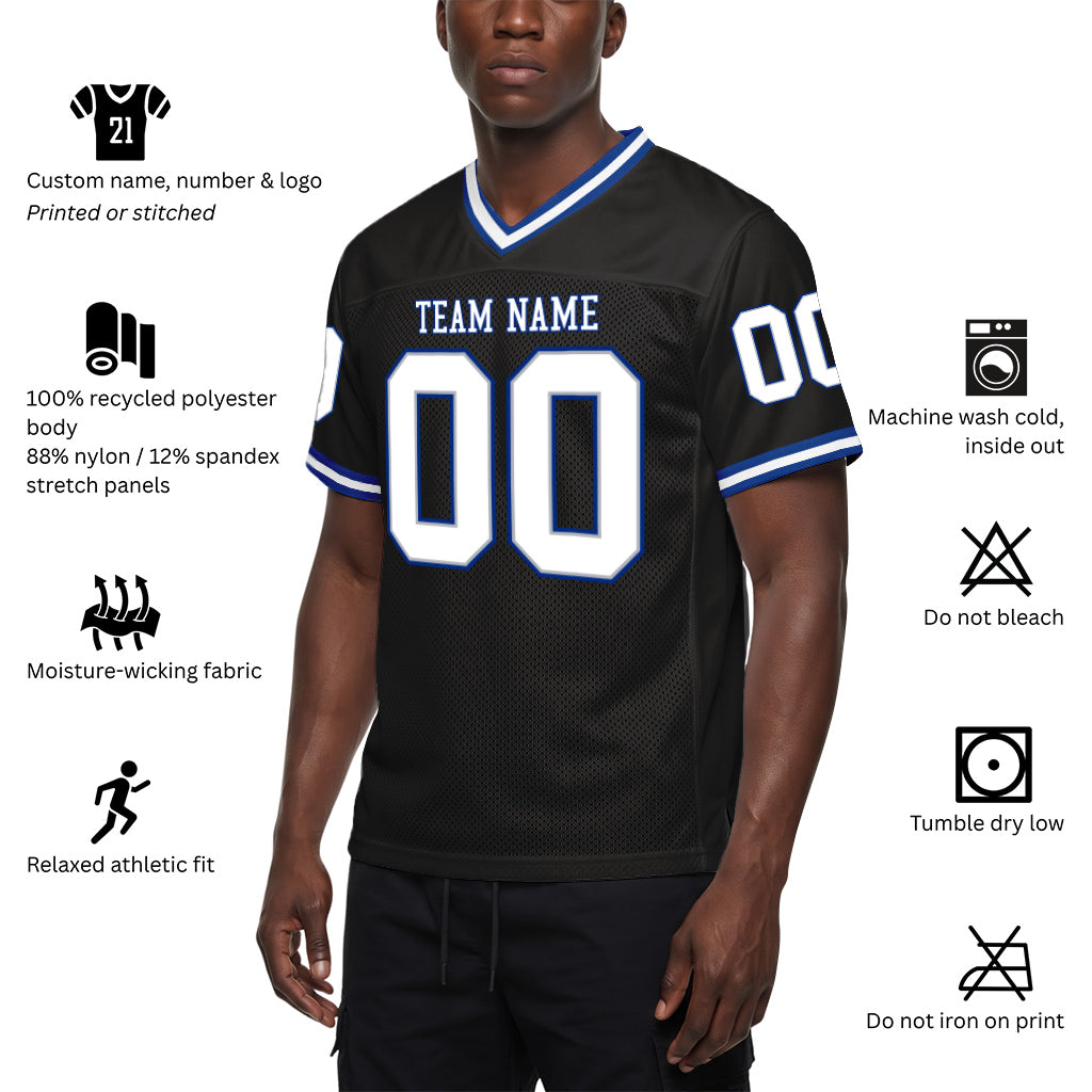 Custom Black White-Royal Mesh Throwback Mesh Football Jersey