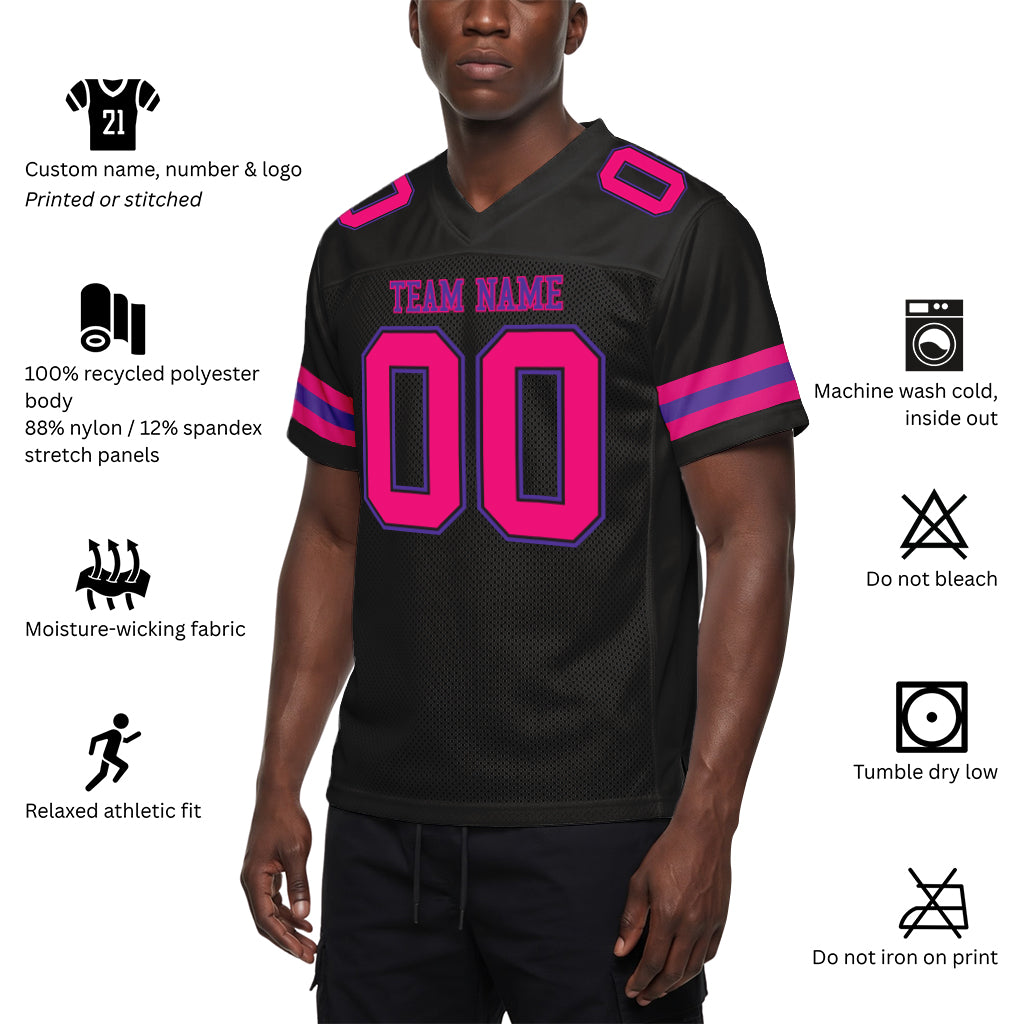 Custom Black Hot Pink-Purple Mesh Football Jersey