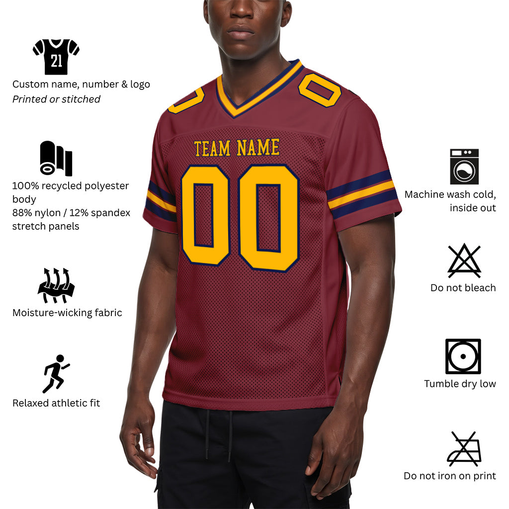 Custom Burgundy Gold-Navy Mesh Football Jersey