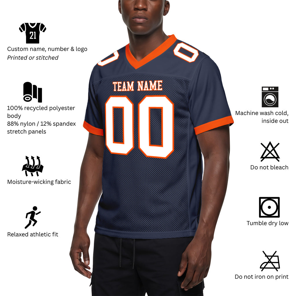 Custom Navy White-Orange Mesh Football Jersey