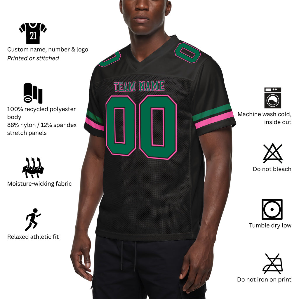 Custom Black Kelly Green-Pink Mesh Football Jersey