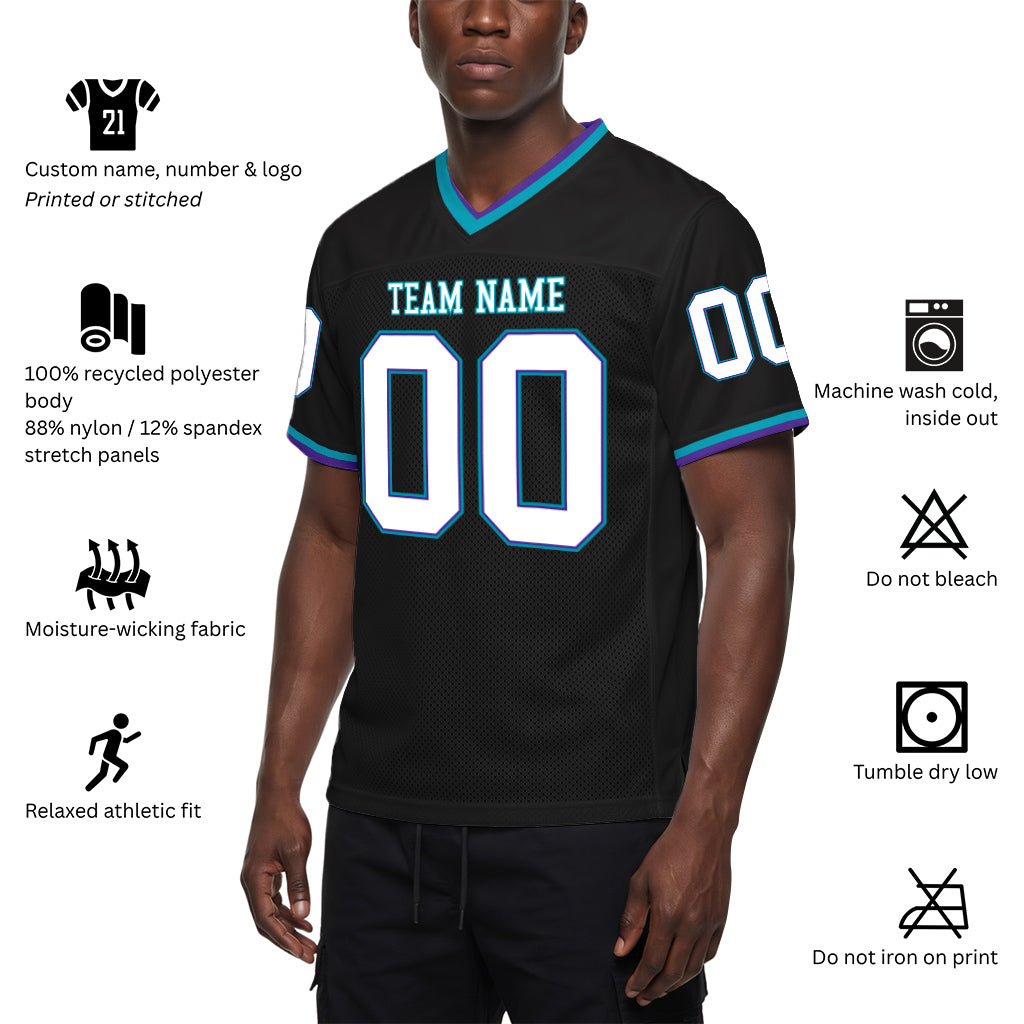 Custom Black Purple-Teal Mesh Football Jersey