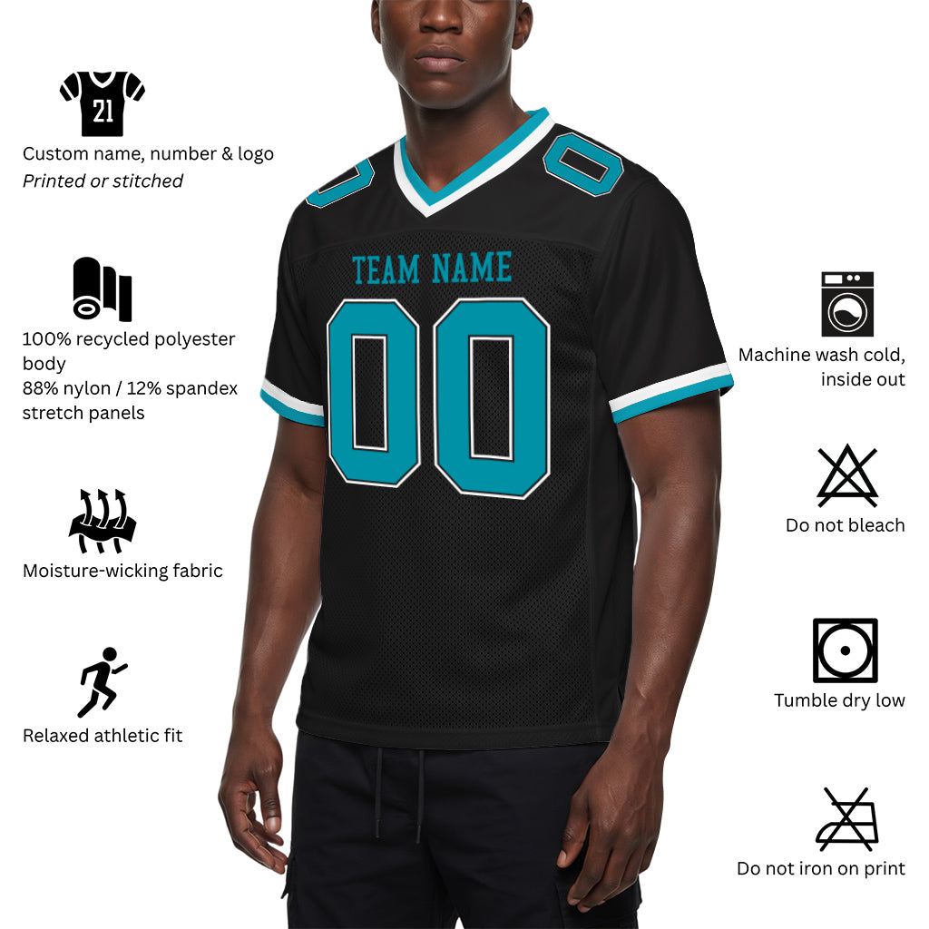 Custom Black Teal-White Mesh Football Jersey