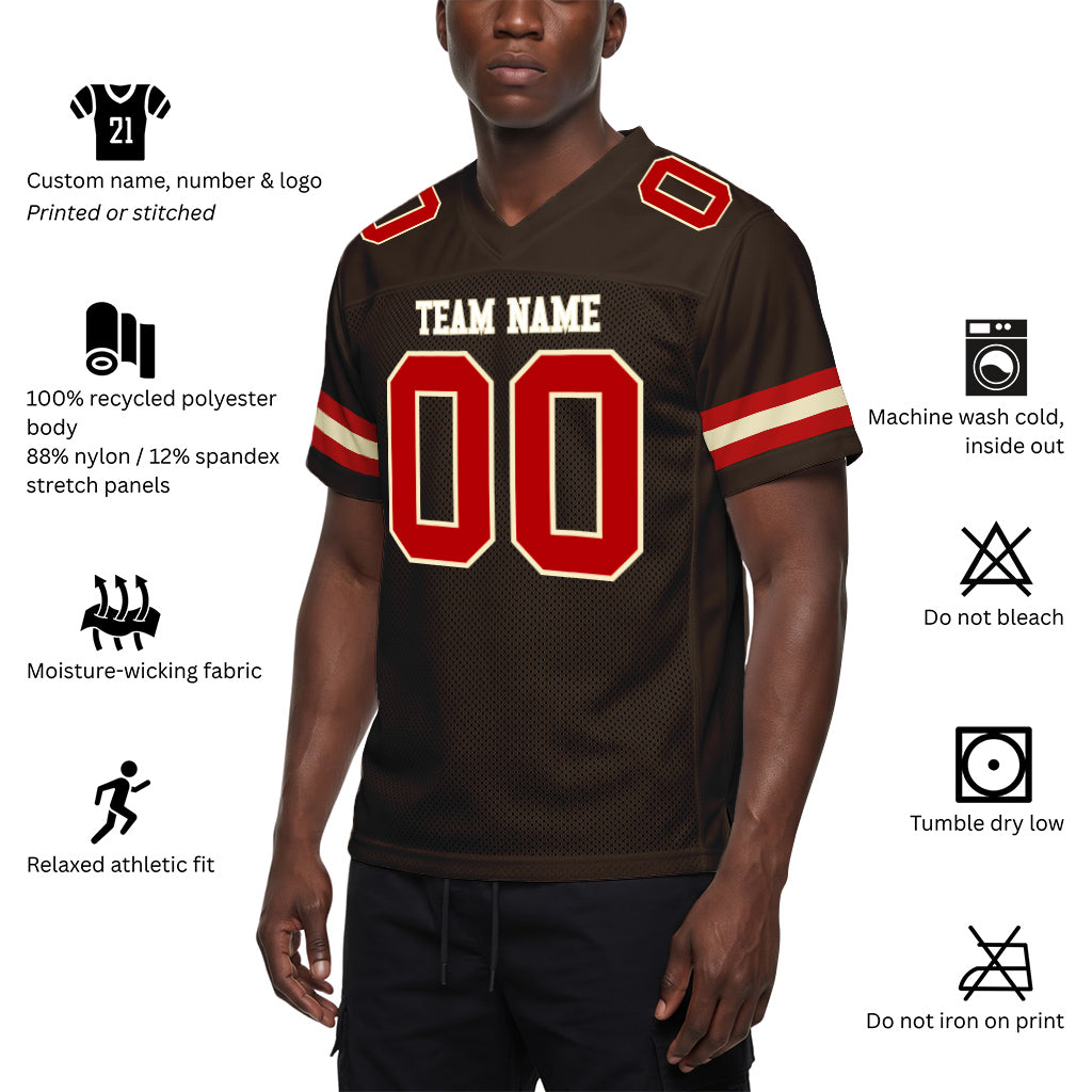 Custom Brown Red-Cream Mesh Football Jersey