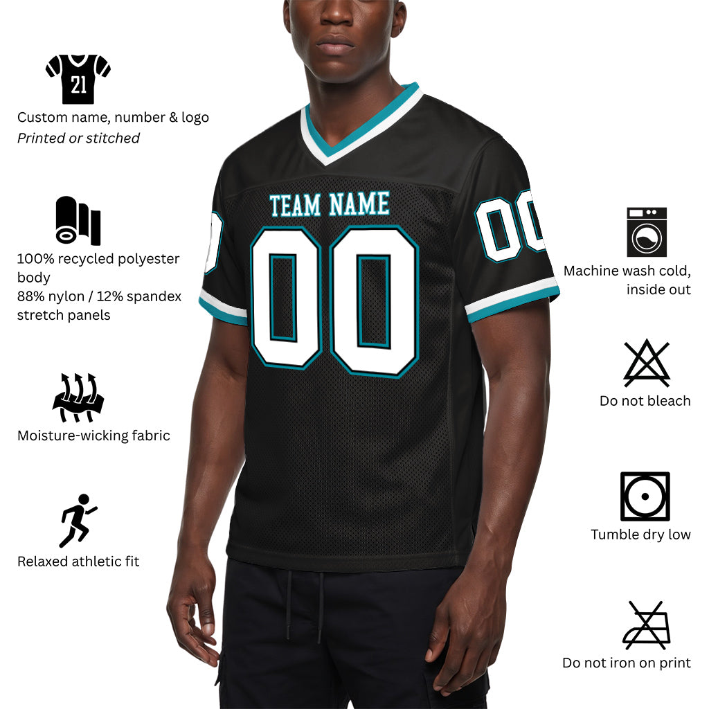 Custom Black White-Teal Mesh Throwback Mesh Football Jersey