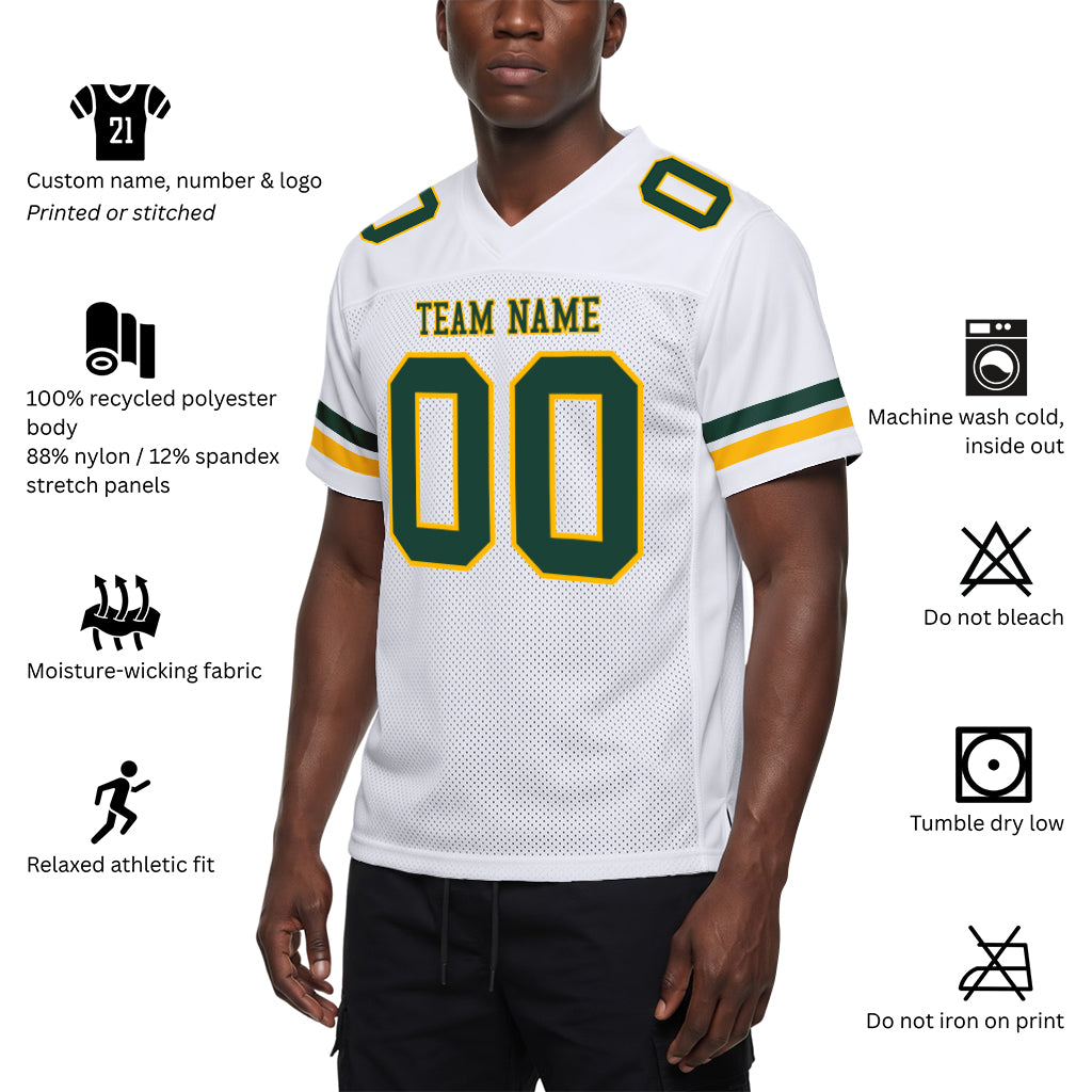 Custom White Green-Gold Mesh Football Jersey
