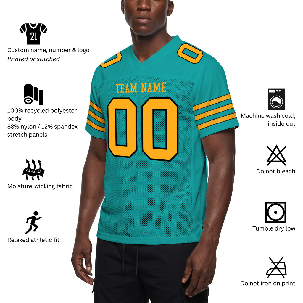 Custom Aqua Gold-Black Mesh Football Jersey
