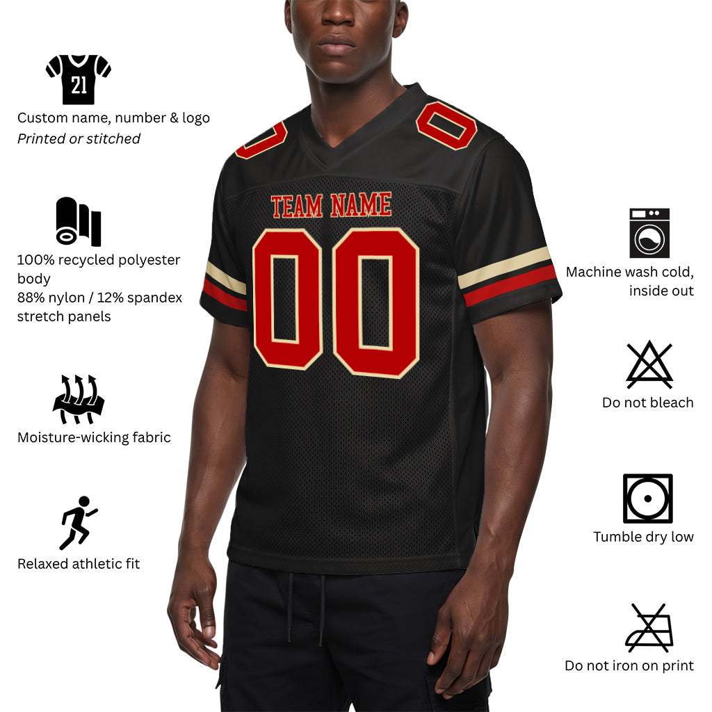 Custom Black Red-Cream Mesh Football Jersey