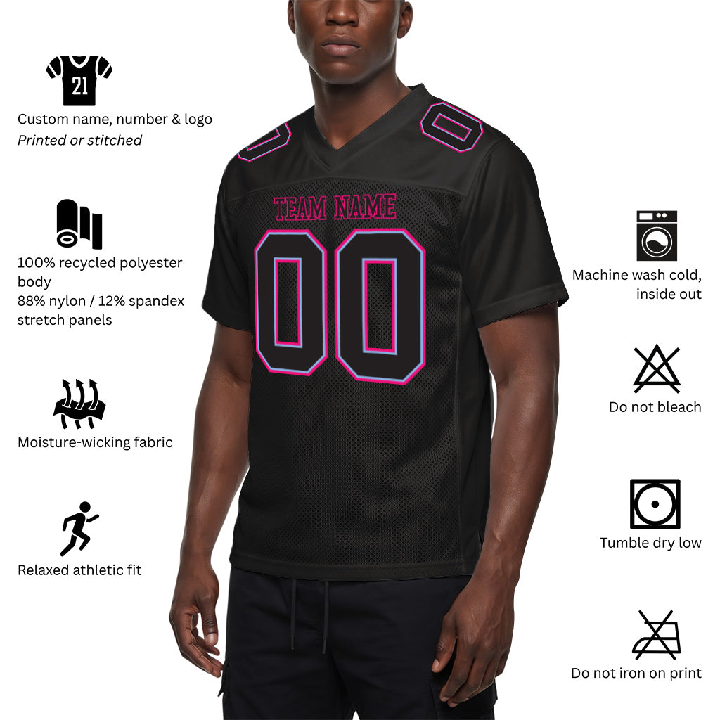 Custom Black Black Powder Blue-Hot Pink Mesh Football Jersey