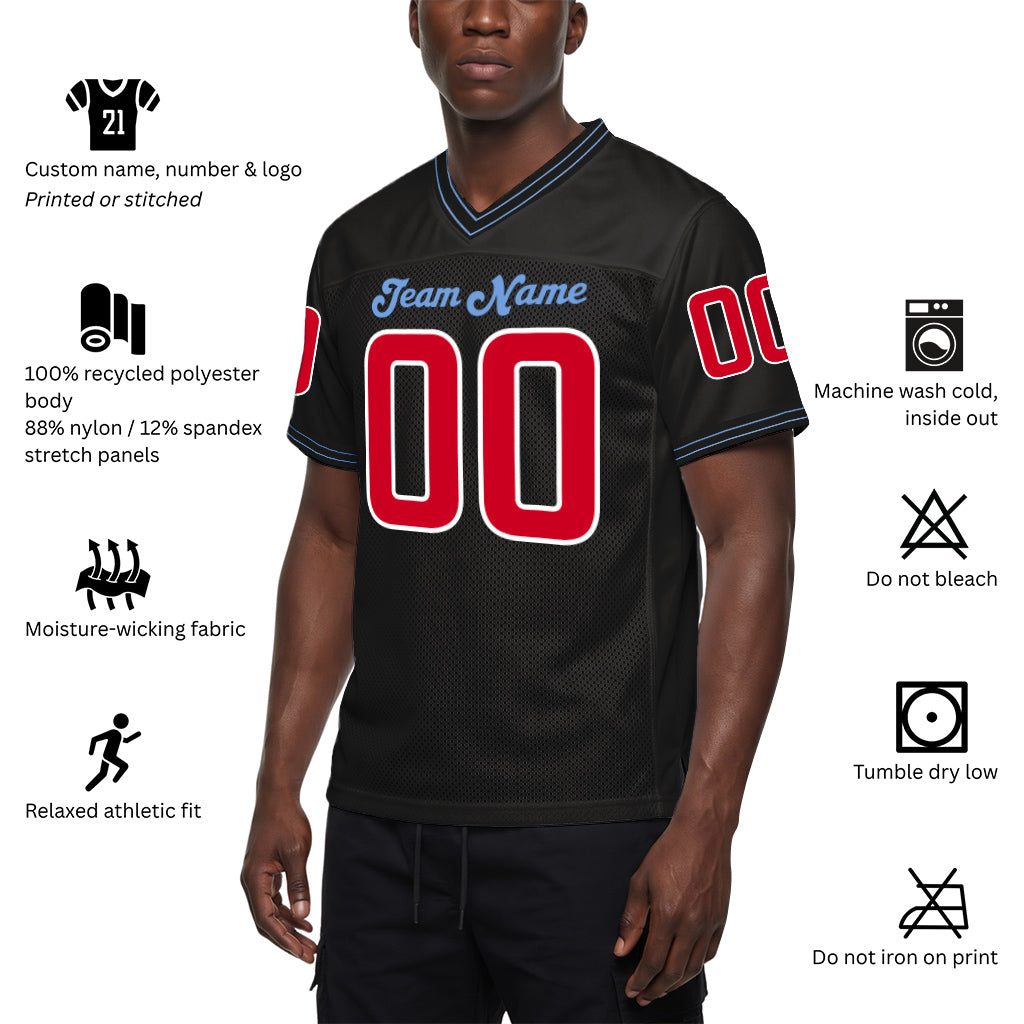 Custom Black Red-Light Blue Mesh Throwback Mesh Football Jersey