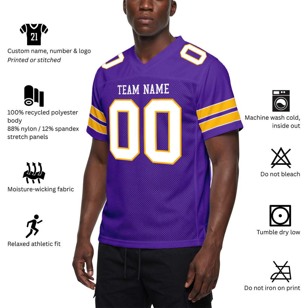 Custom Purple White-Gold Mesh Football Jersey
