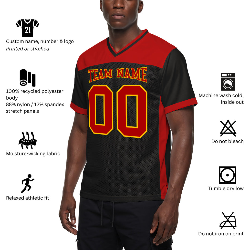 Custom Black Red-Yellow Mesh Football Jersey