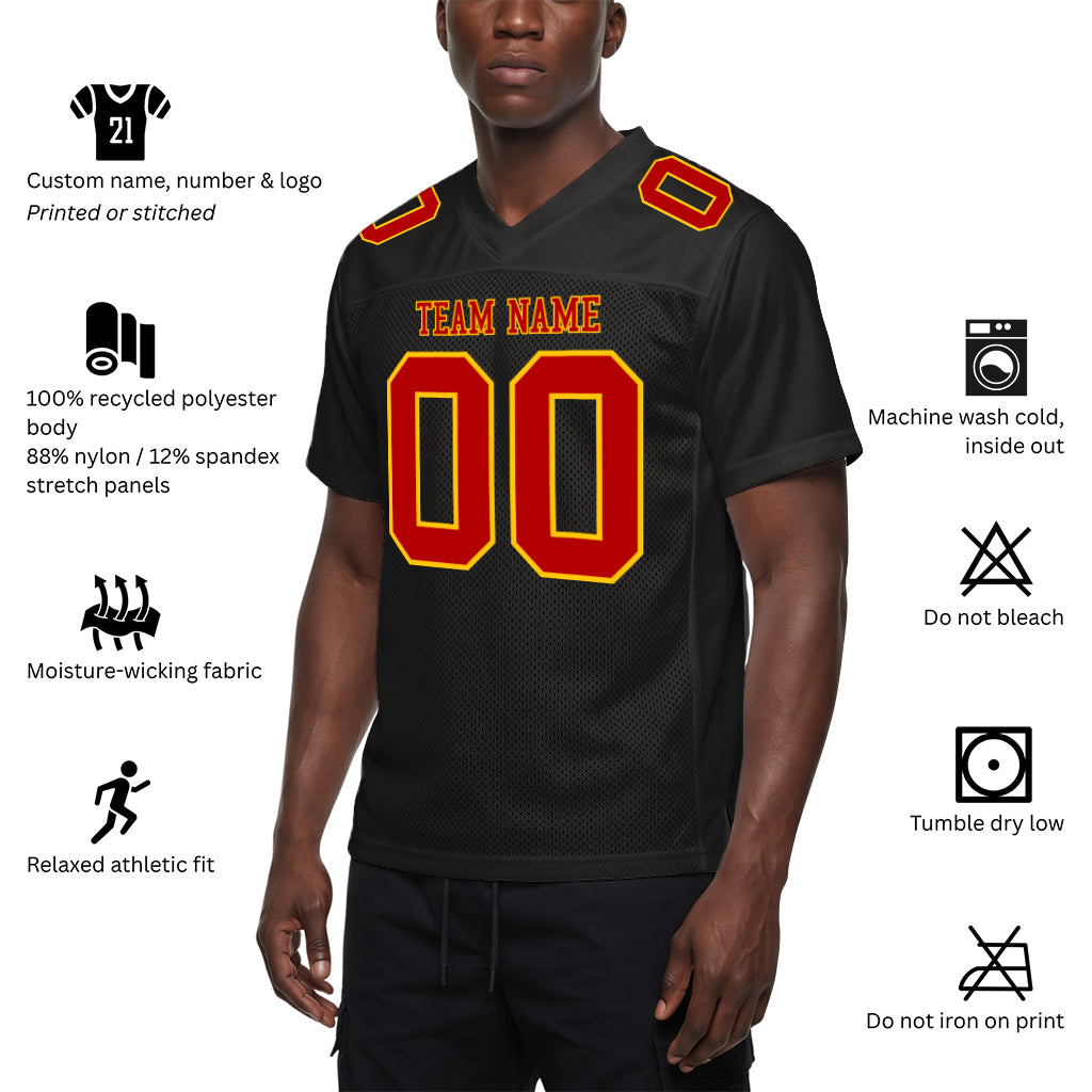 Custom Black Red-Gold Mesh Football Jersey