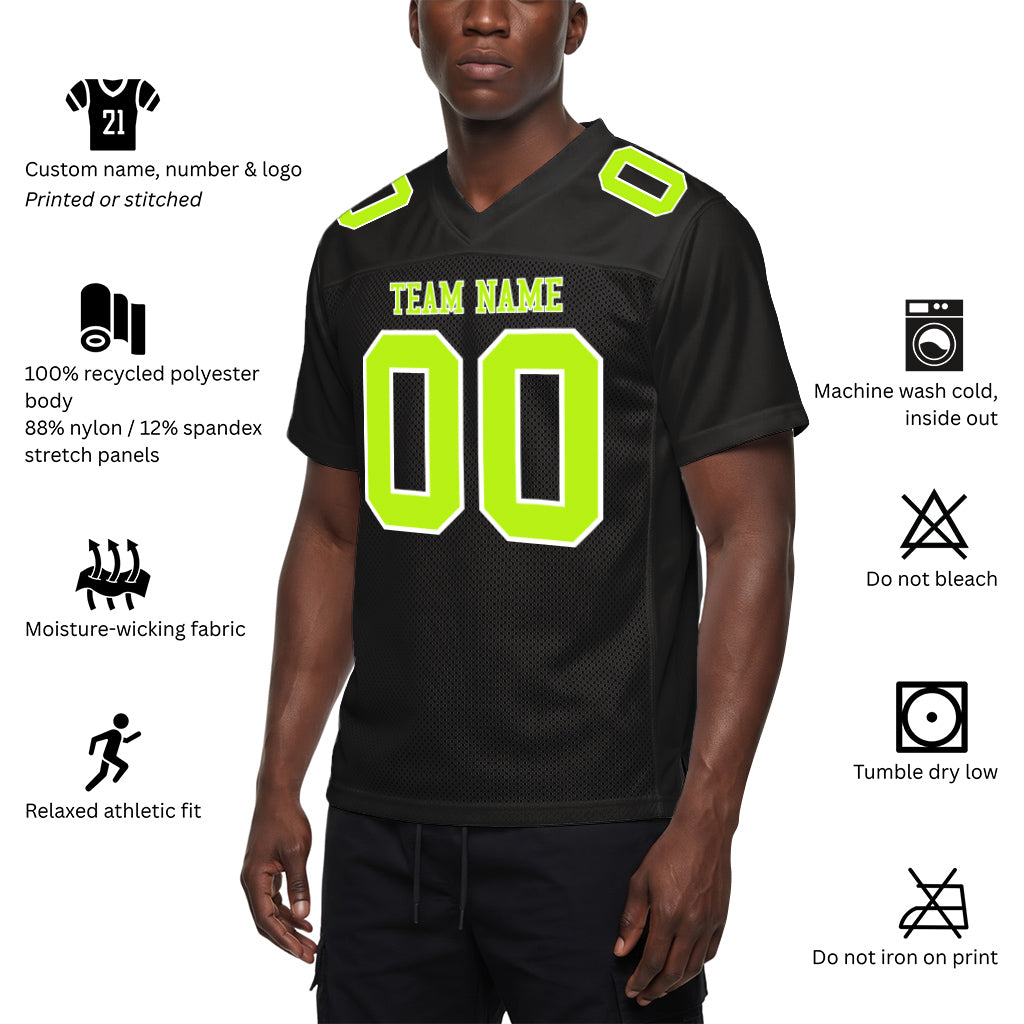Custom Black Neon Green-White Custom Name Mesh Football Jersey