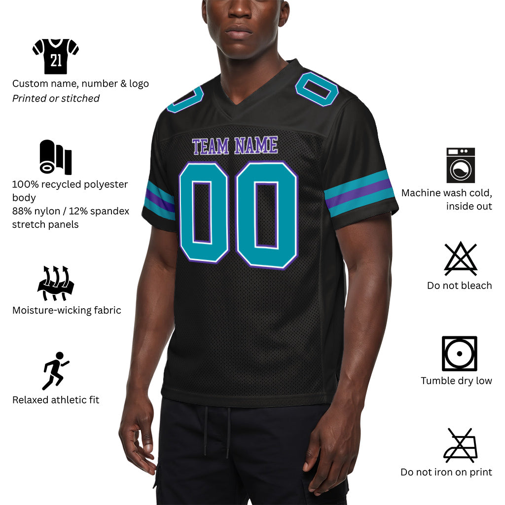 Custom Black Teal-Purple Mesh Football Jersey