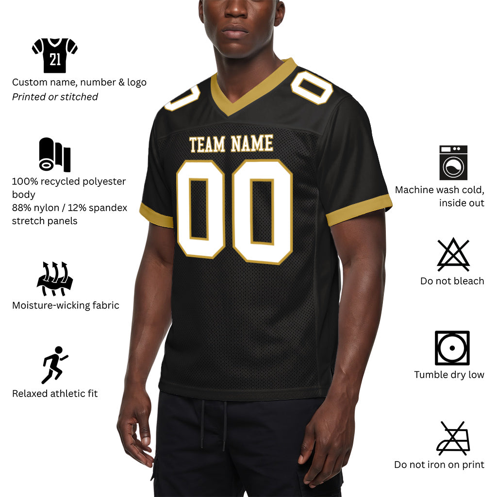 Custom Black White-Old Gold Mesh Football Jersey