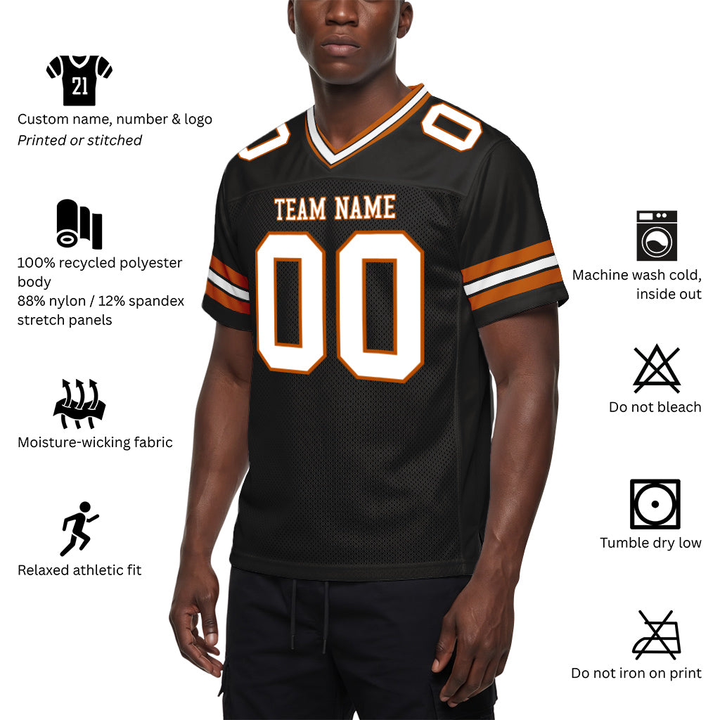 Custom Black White-Texas Orange Custom Name Mesh Football Jersey