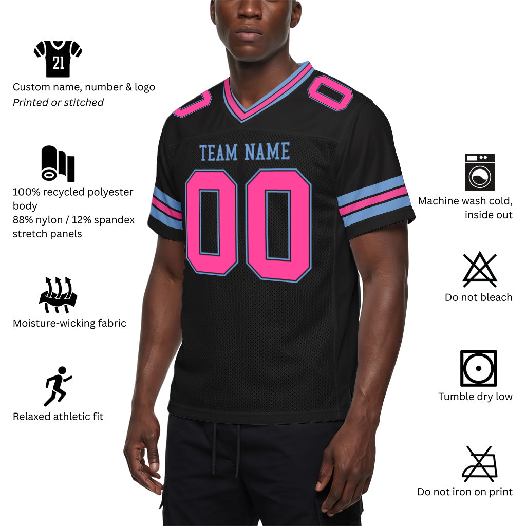 Custom Black Pink-Light Blue Mesh Football Jersey