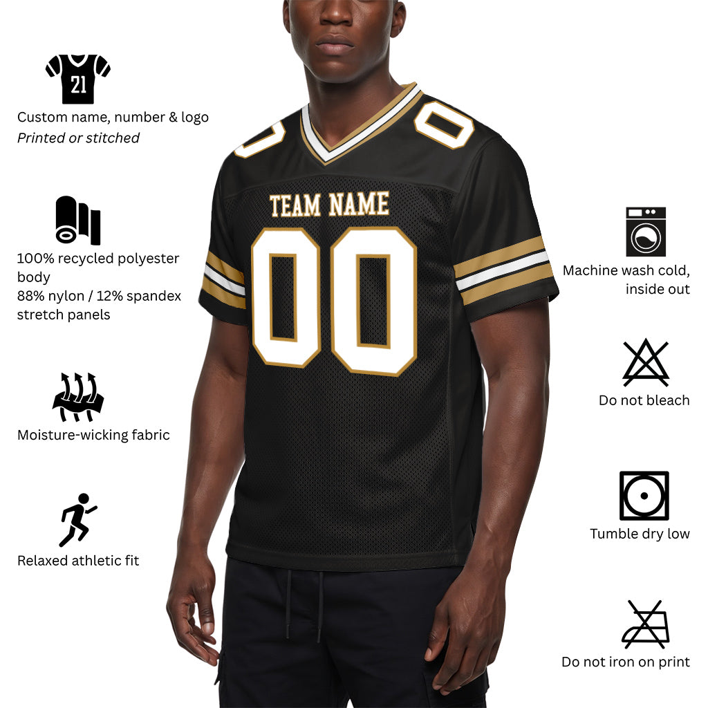 Custom Black White-Old Gold Mesh Football Jersey