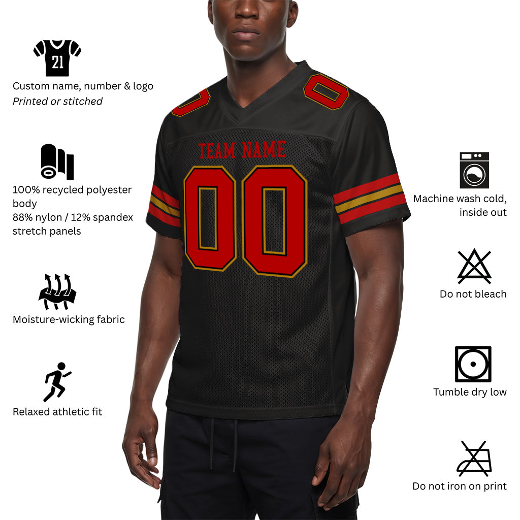Custom Black Red-Old Gold Custom Name Mesh Football Jersey