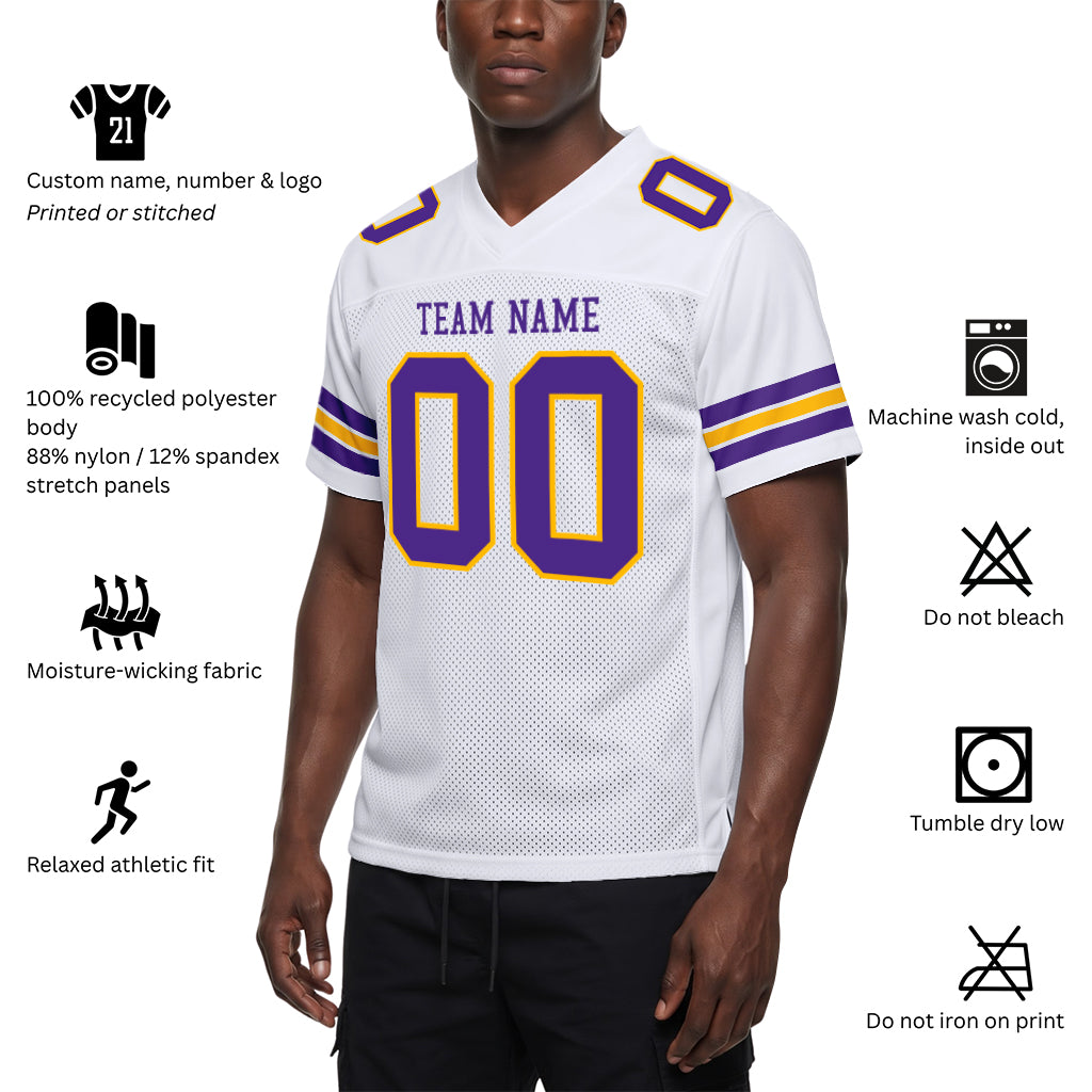 Custom White Purple-Gold Mesh Football Jersey