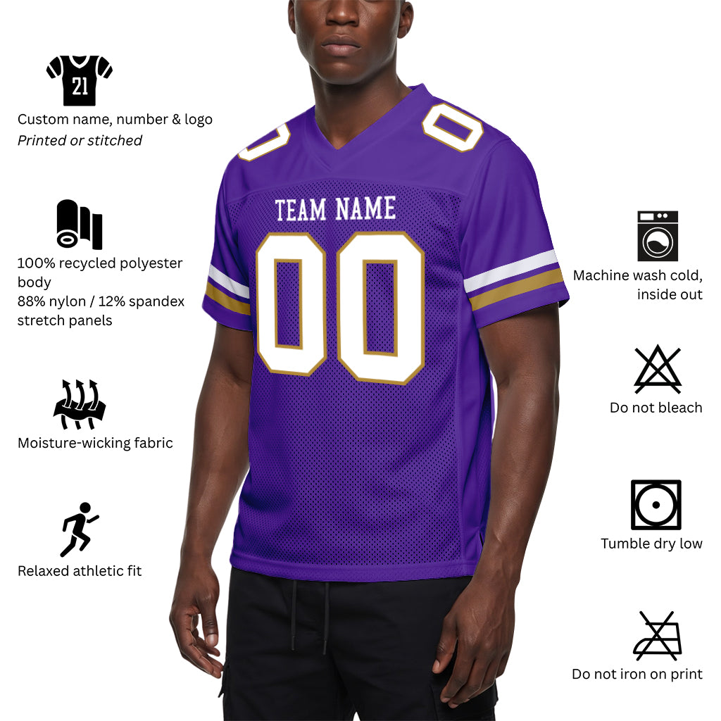 Custom Purple White-Old Gold Mesh Football Jersey
