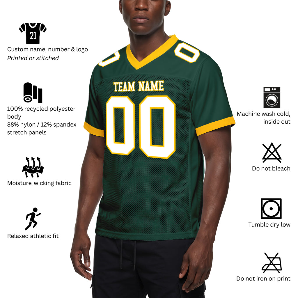 Custom Green White-Gold Mesh Football Jersey