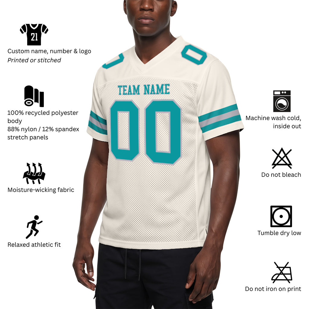 Custom Cream Teal-Gray Mesh Football Jersey