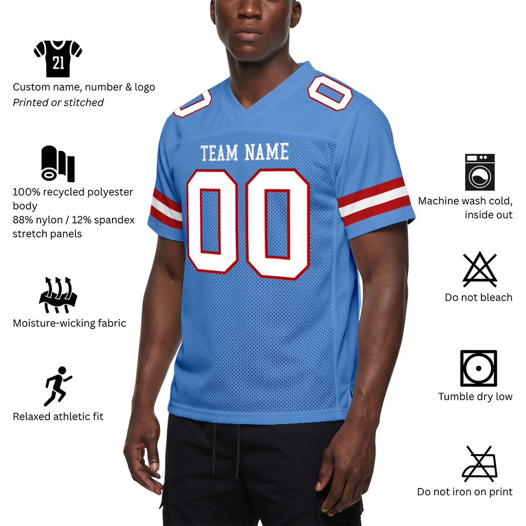 Custom Light Blue White-Red Mesh Football Jersey