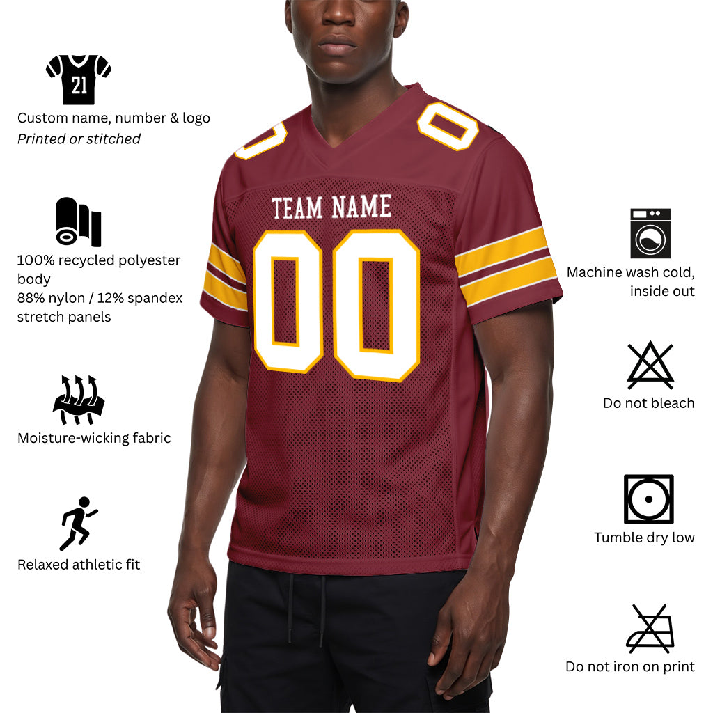 Custom Burgundy White-Gold Mesh Football Jersey