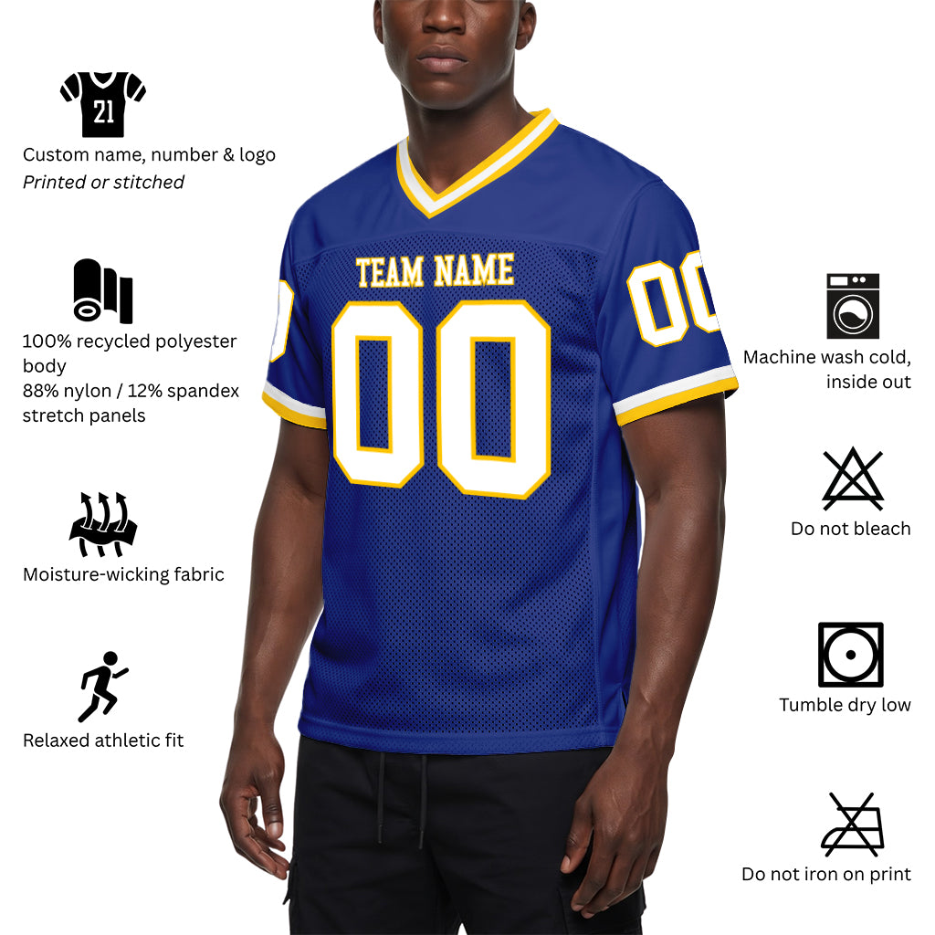 Custom Royal White-Gold Mesh Football Jersey