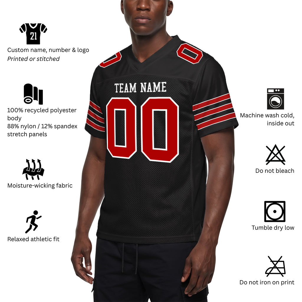 Custom Black Red-White Mesh Football Jersey