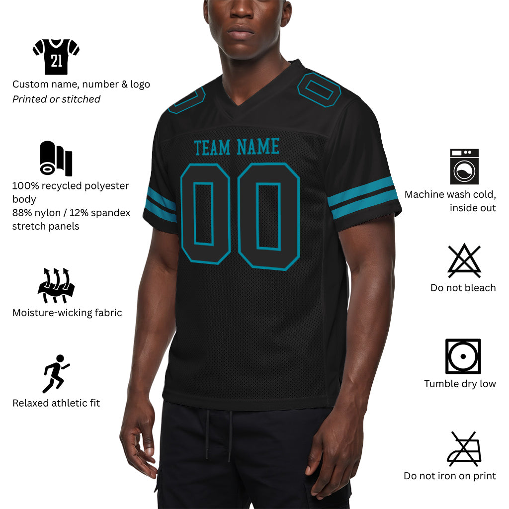 Custom Black Black-Teal Mesh Football Jersey