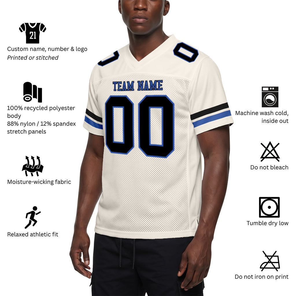 Custom Cream Blue-Black Mesh Football Jersey