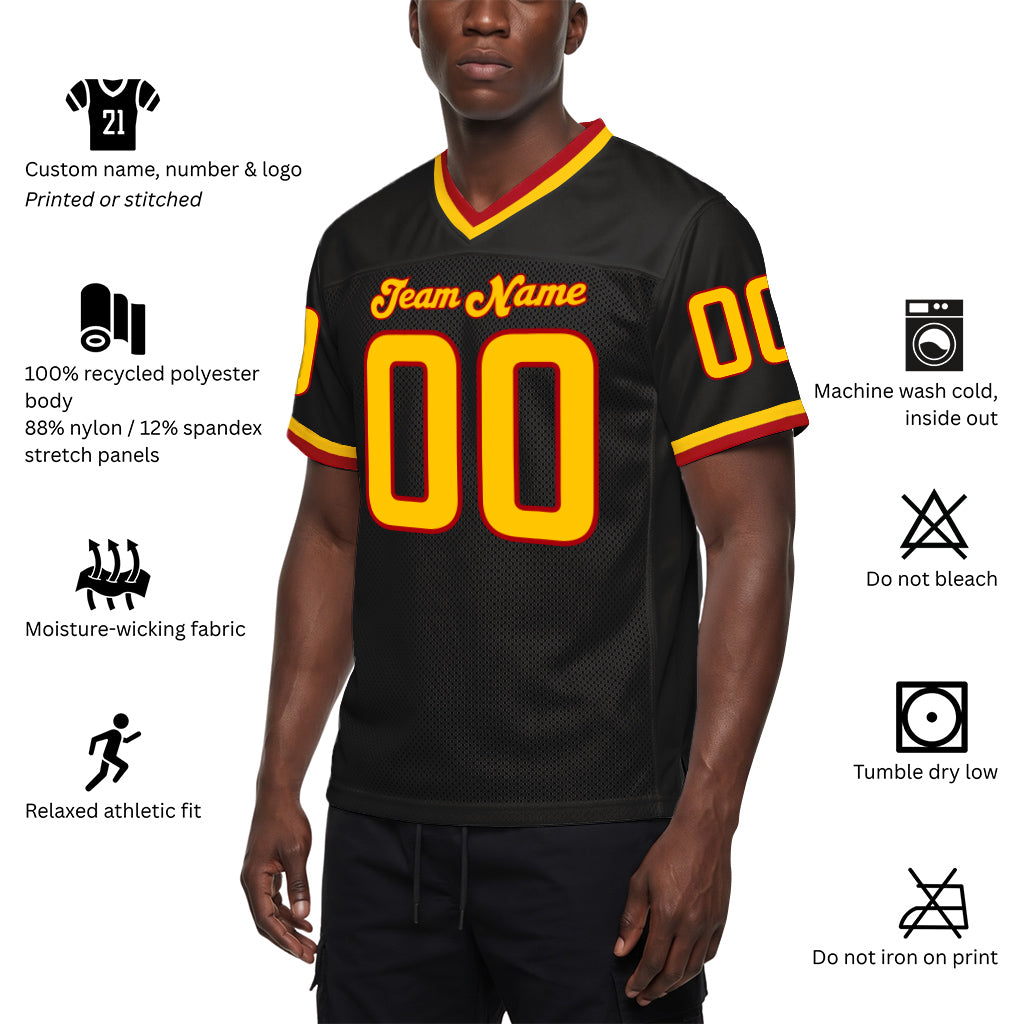 Custom Black Gold-Red Mesh Throwback Mesh Football Jersey