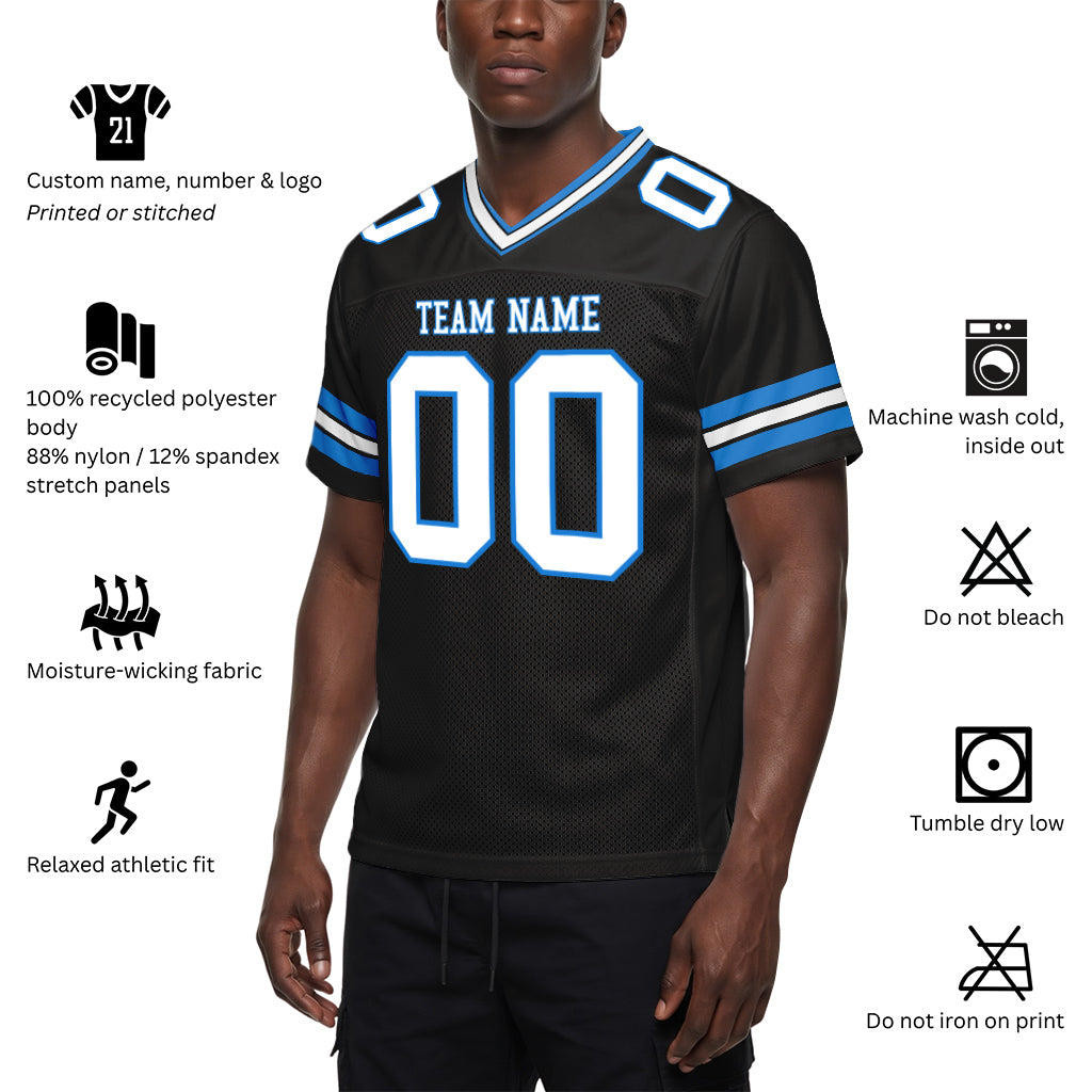 Custom Black White-Electric Blue Mesh Football Jersey