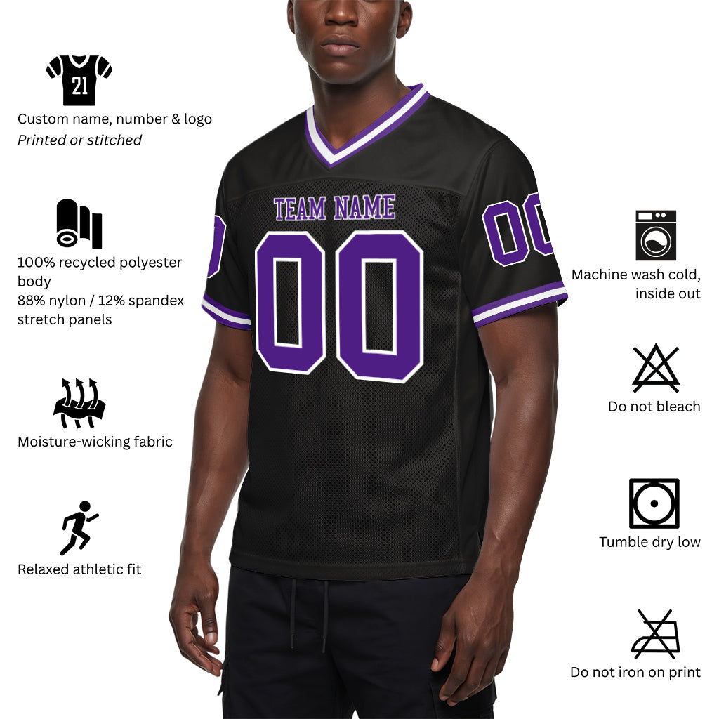 Custom Black Purple-White Mesh Throwback Mesh Football Jersey