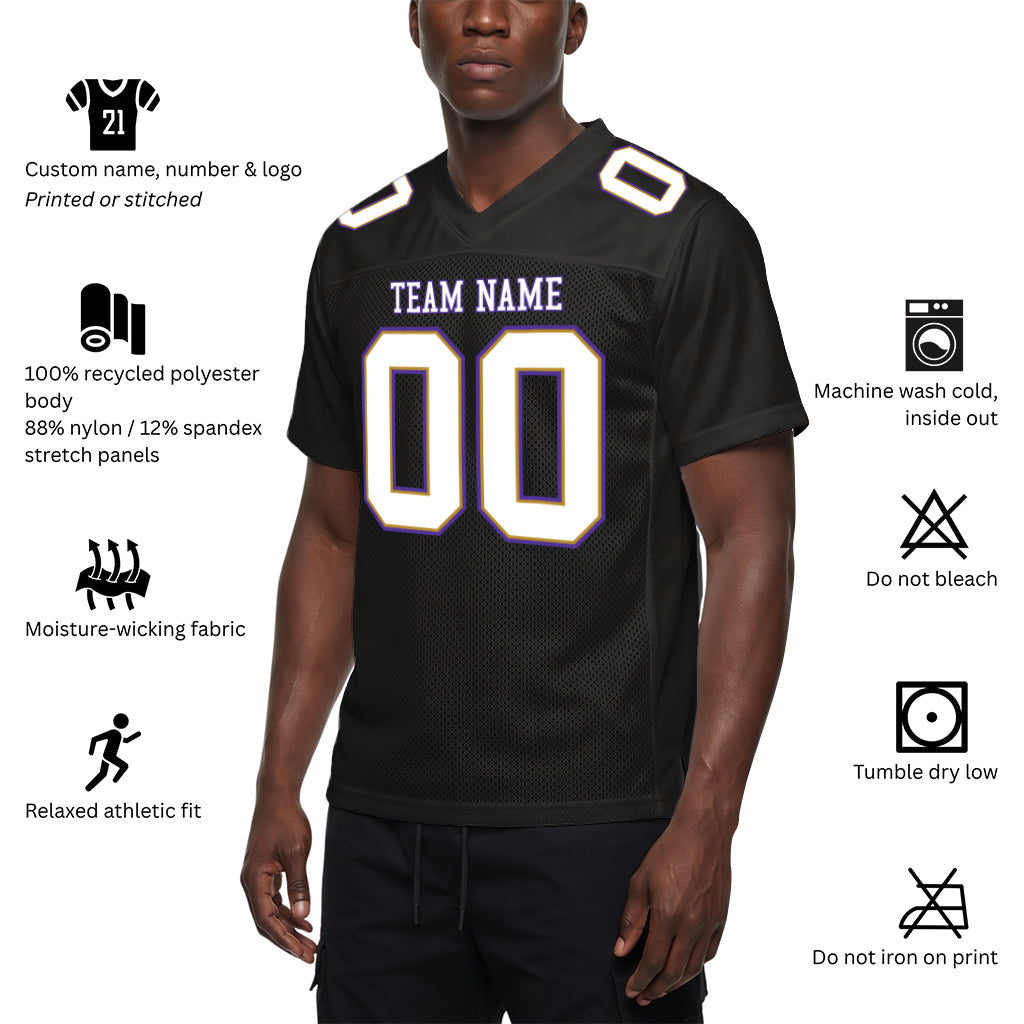 Custom Black White Old Gold-Purple Mesh Football Jersey