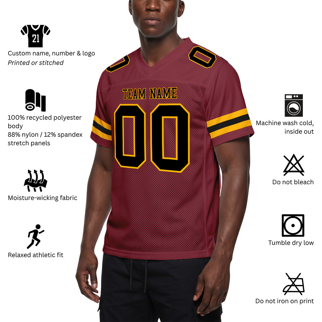 Custom Burgundy Black-Gold Mesh Football Jersey