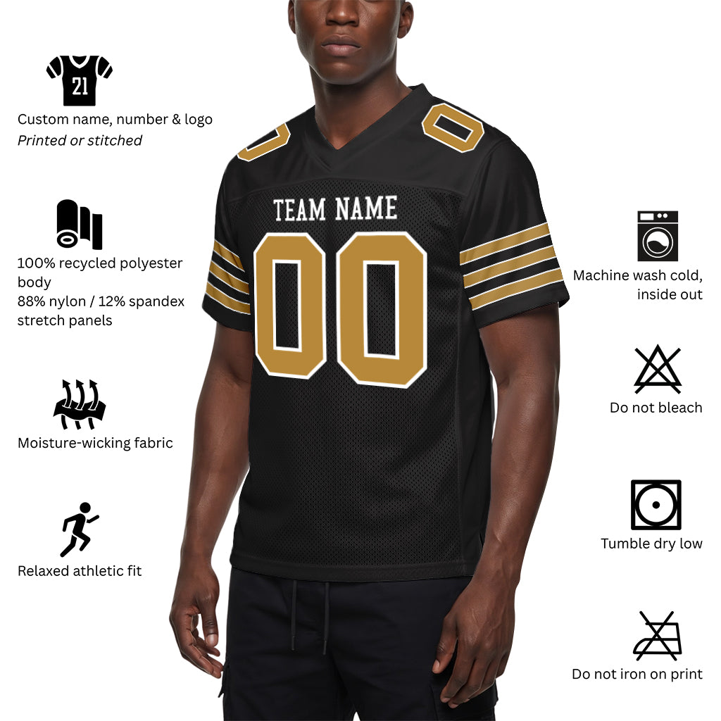 Custom Black Old Gold-White Mesh Football Jersey