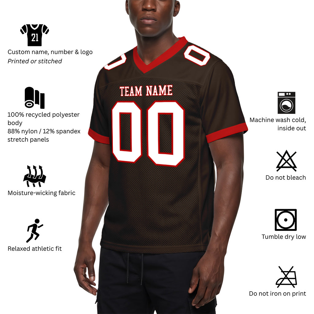 Custom Brown White-Red Mesh Football Jersey